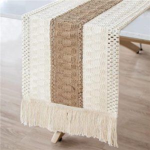 Macrame Table Runner Farmhouse Style, Natural Burlap Boho Table Runner Modern